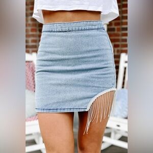 Denim, Mini Skirt With A Cut-Out, Rhinestone Fringe Embellishment